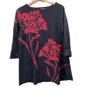 CHICO's Womens Size 2 US L Boatneck Black Red Floral Knit Longer Length Sweater